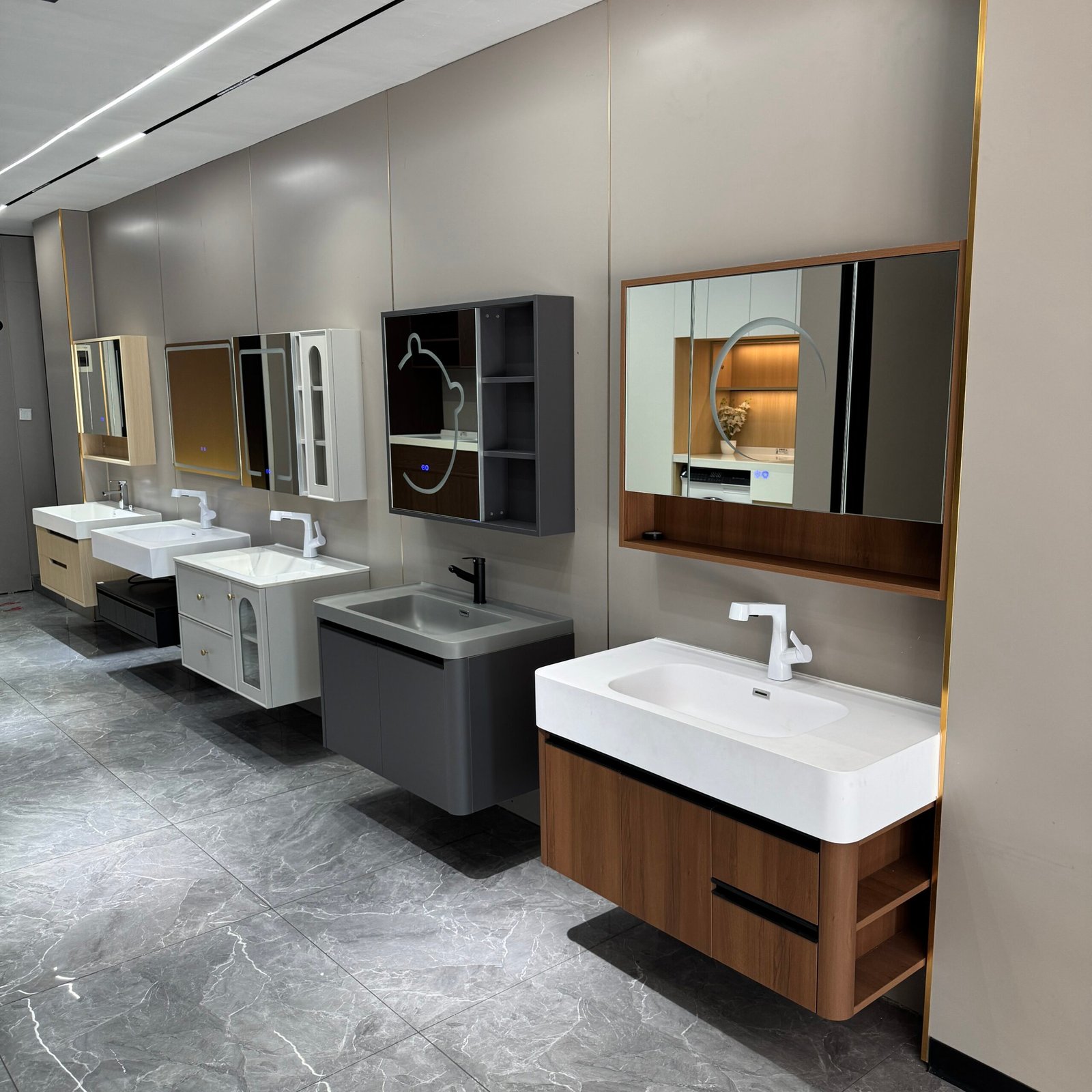 Real-shot Photos of Aluminum Alloy Bathroom Cabinets in Factory Showroom | Contact Us for More Styles